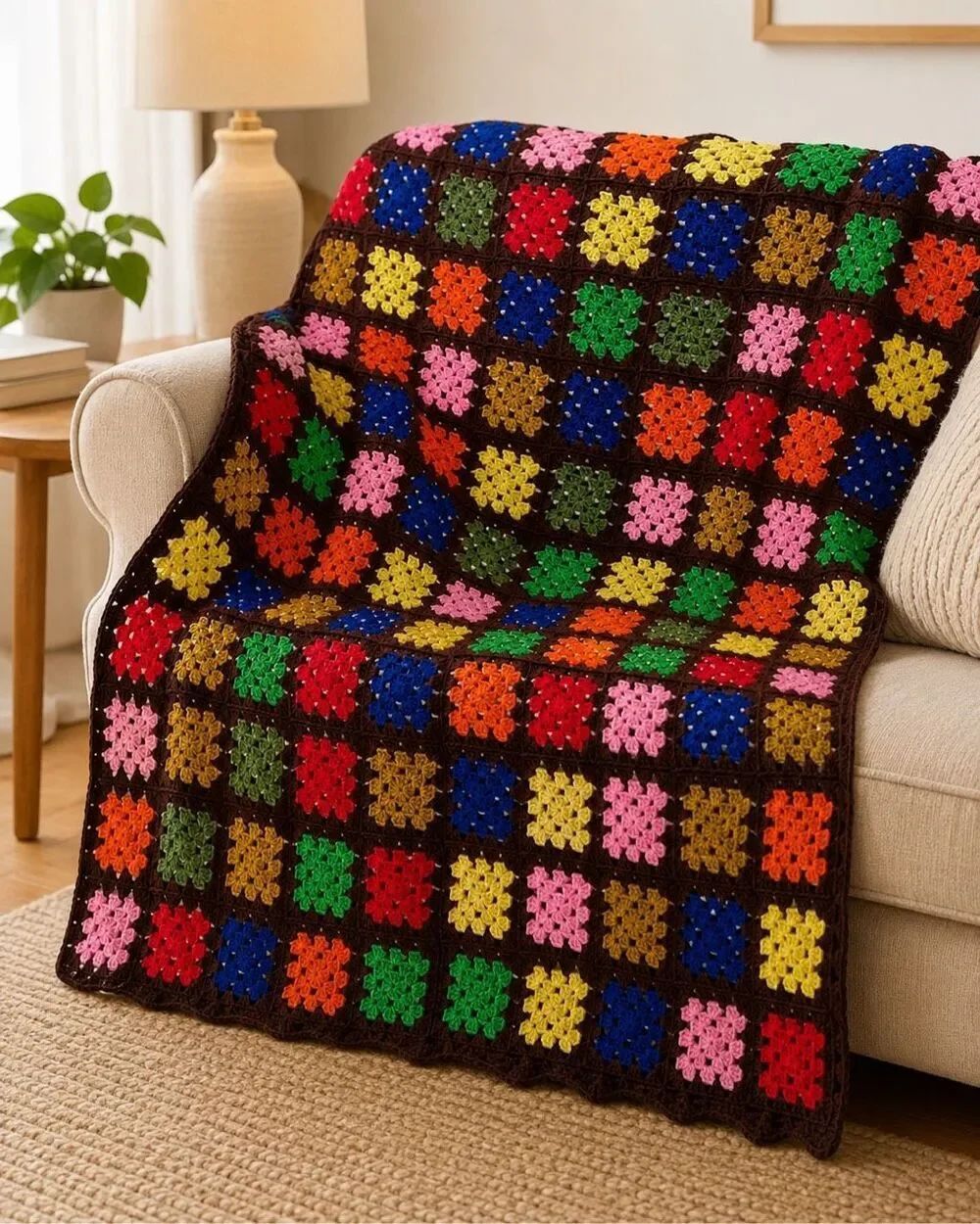 Handmade Crochet Granny Square Afghan Throw Blanket Brown Multicolor grannycore